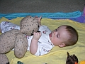 Baby playing with Flopsy Bear